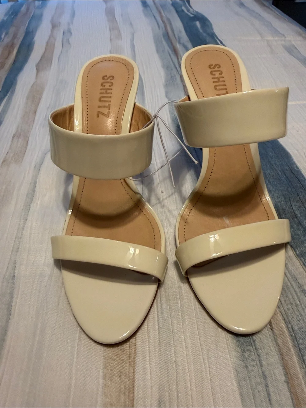 SCHUTZ Cream Patent Leather Strappy Stiletto Sandals